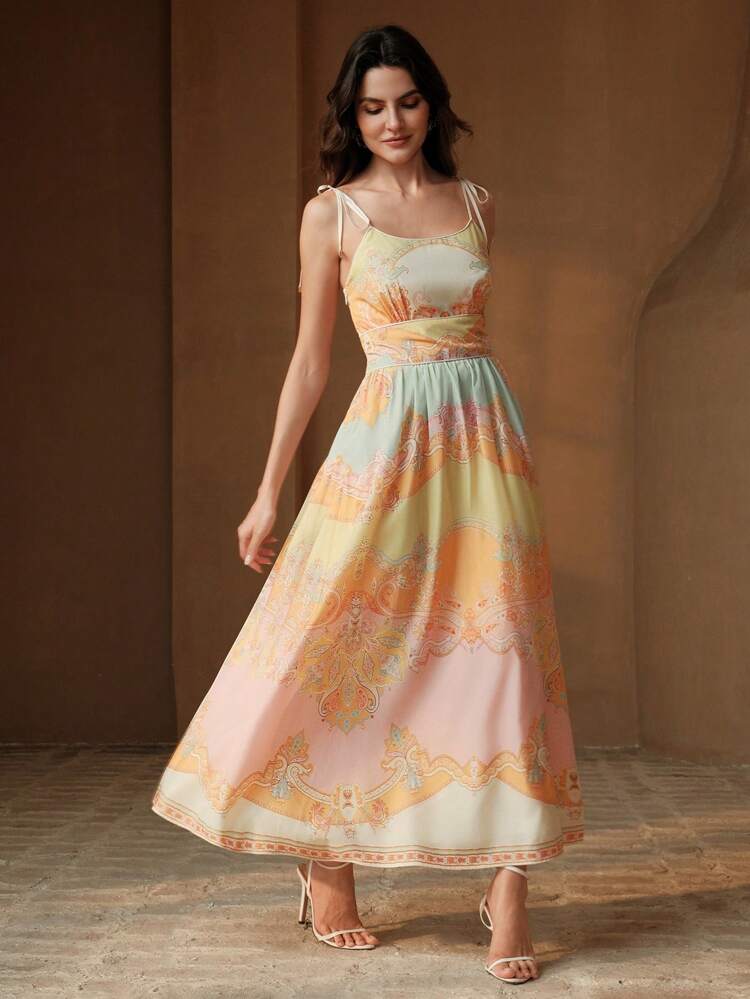 Women's New Summer Camisole Long Dress With Waist Cinching And Yellow Floral Print