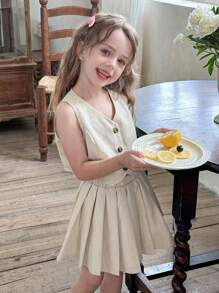 LMoss Kids 2 pezzi Set giovane ragazza, completo con gilet in tinta unita e gonna a-line