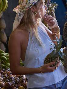 Aralina 荷叶边领口无袖露背休闲亚麻质地夏季女装上衣 - 藍色 - 查看 8