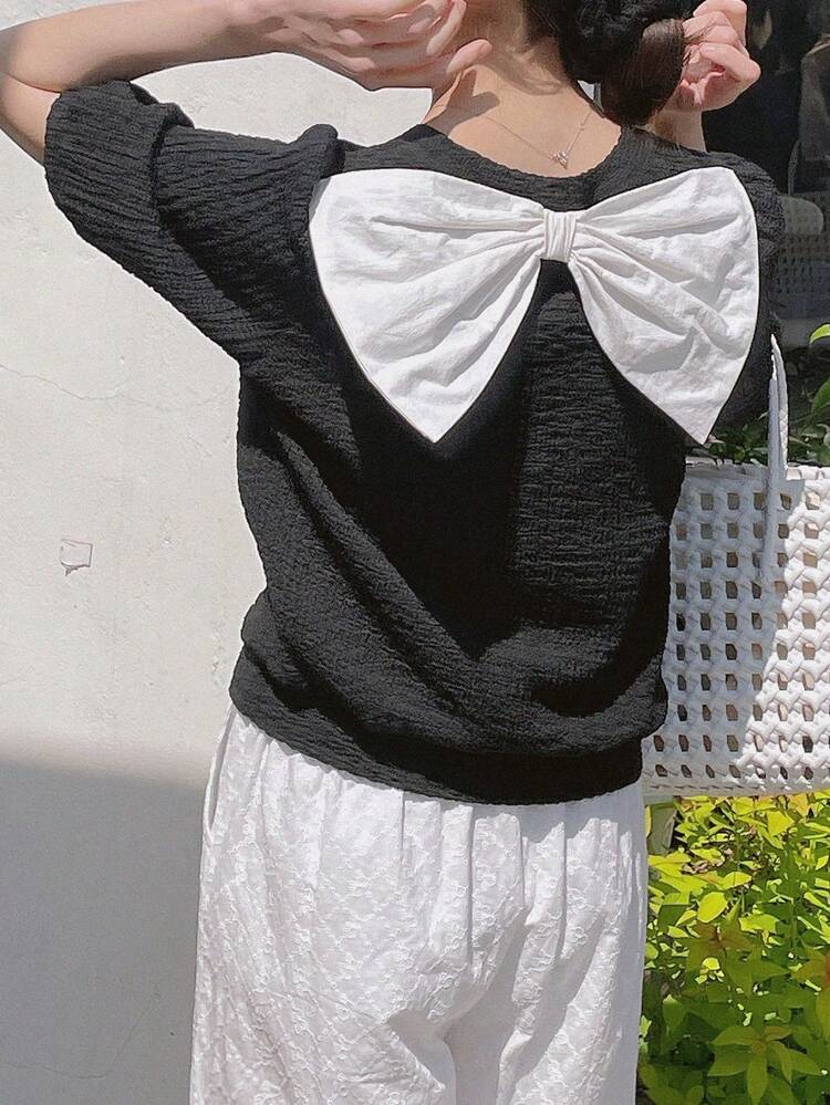 Women's Elegant Bow Backless Short Sleeve Crew Neck T-Shirt, Summer