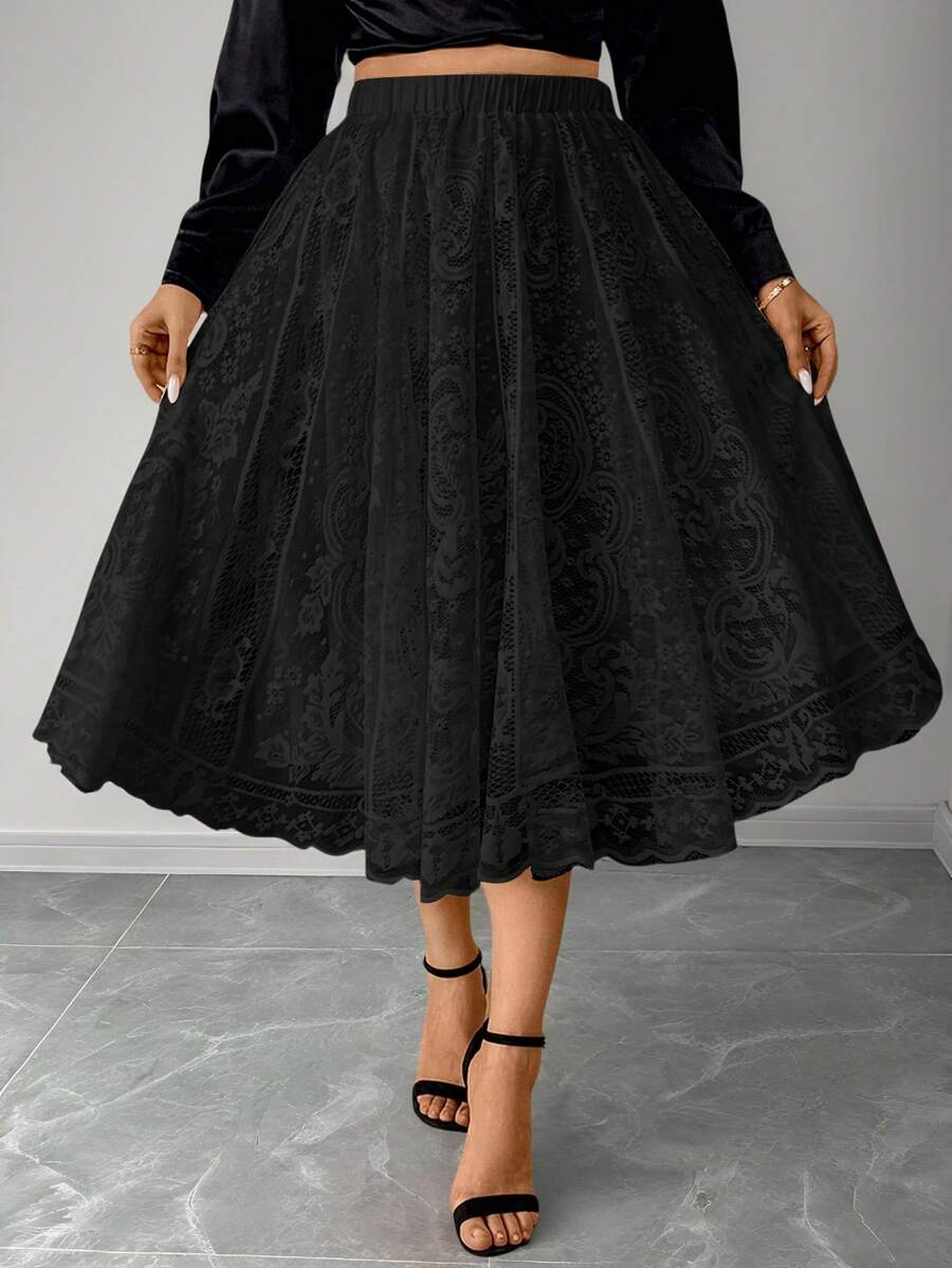 Elenzga Váy ren Jacquard thanh lịch cỡ lớn cho mùa hè Váy Maxi - màu đen - Xem 1