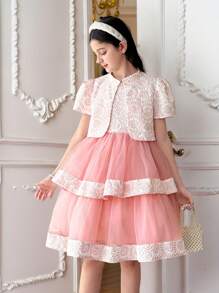 SHEIN 2 peças/conjunto Cardigan Jacquard e Vestido Mesh de Gola Redonda Sem Mangas para Meninas, Combinando Conjunto de Irmãs - Rosa chiclete - Visão 6