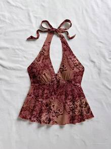 Soleia Red Paisley, Camouflage, Ditsy Floral Vintage Style Casual Vacation Sexy Cute Y2K Coconutgirl Boho Music Festival Suitable For Summer Women V-Neck Bowknot Halter Backless Babydoll Top For Vacation Suitable For Going Out - Multicolor - View 3