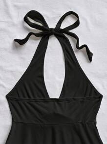 Soleia Plus Size Casual Vacation V-Neck Bowknot Halter Backless Babydoll Top, Perfect For Vacation, Suitable For Summer Halter Top Tie Front Top,Holiday Outfits For Women