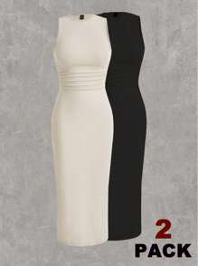 SHEIN EZwear Vestito estivo da donna taglie forti, con collo rotondo, plissettature, aderente, senza maniche, monocolore