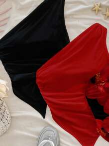 Soleia 三件套：休闲度假风格，性感红黑组合，热带花卉泼墨图案不对称下摆细肩带上衣，适合夏季、海滩、派对、音乐节