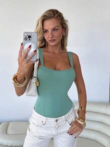 Roylia High-Stretch Knit, Solid Color, Slim Fit, Wide Collar, Wide Shoulder Straps, Open Back, Bowknot Back, Wide Shoulder Straps, Camisole Style, Vacation, Festival, Elegant, Sexy, Luxurious, Minimalist, Romantic, Baddie, Y2K, Spring/Summer Women Bodysuit - Mint Green - View 5