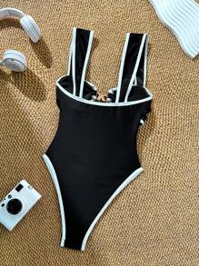 Bonvoyette 女士节日派对沙滩尼龙面料连体泳衣 - 黑與白 - 查看 2