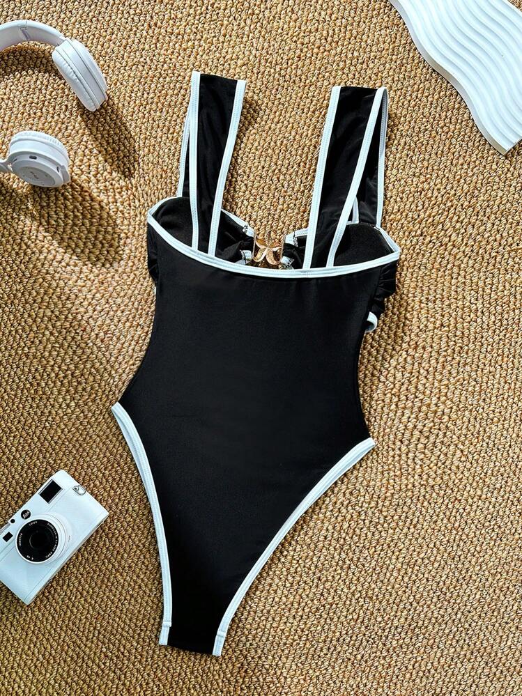 Vaytide Traje de baño de una pieza de nailon para mujer, ideal para fiestas de vacaciones y playa - Blanco y Negro - Añade 4