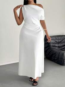 SHEIN PETITE CURVE 大码女式纯色不对称领口荷叶边优雅连衣裙 - 白色 - 查看 4