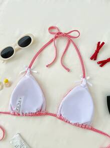 Swim Mod Cute Gingham Print Tie-Front Bikini Top For Vacation For Summer - Red and White - View 5