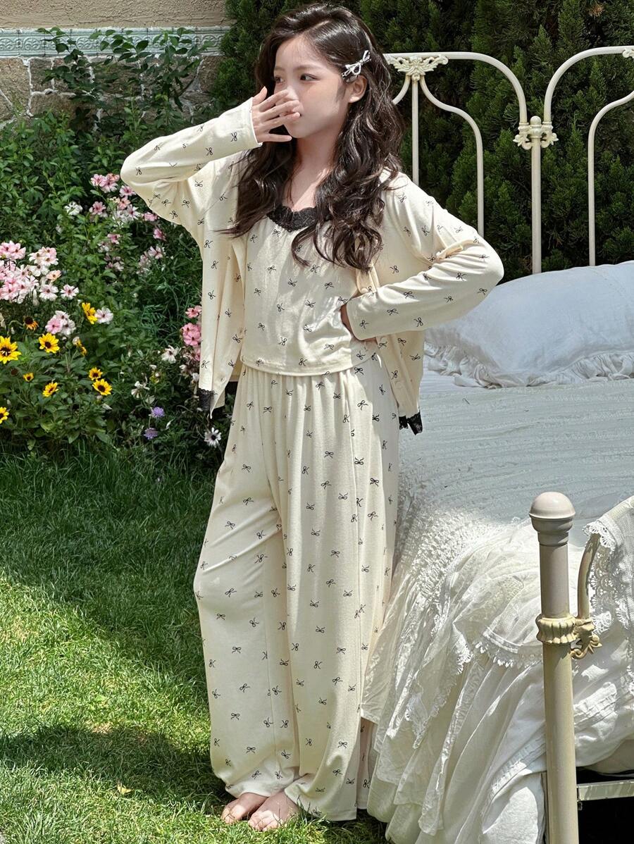 Dazy Kids 女童蝴蝶结印花蕾丝拼布吊带背心 + 长袖夹克 + 裤子 3 件套家居服套装