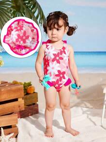 Baby Girls Floral Hooded Swimwear Set, Fashionable Cute Ruffle Design, Suitable For Swimming, Beach, Summer Vacation Bathing Suits For Baby Girl Clothes Swimsuit Baby Girl Swimwear Bathing Suits For Baby Bathing Suits For Baby Girl