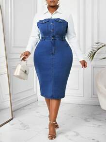 SHEIN Lady Vestido ajustado de manga larga casual de mezclilla con parches, tallas grandes