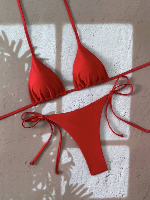 SHEIN Set bikini sexy cu tricou și legături laterale pentru femei, culoare uni, fără spate, tip halter
