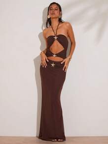 SHEIN BAE 女士纯色露背镂空休闲度假无袖连衣裙