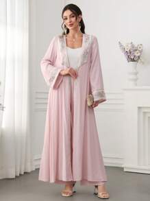 Al Najma Arabic Style Colorful Embroidery Floral Front Opening & Cuff Splice Outfit Set, Spring/Summer, Modest