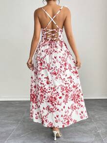 PETITE Vestido largo de mujer con aberturas altas laterales, tirantes con volantes, con fondo blanco y flores azules para vacaciones - Rojo - Ver 4