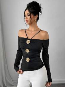 Modelyn Women Spring/Summer Off Shoulder Halter Rose Flower Metal Button Elegant Knitted T-Shirt - Black - View 5