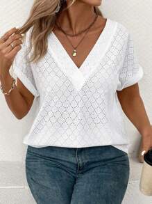 SHEIN VCAY Nueva camiseta de manga corta suelta con cuello en V de jackard para mujer de talla grande de moda casual