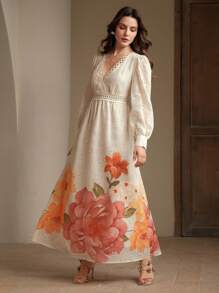Anewsta Women's Long Sleeve Floral Pattern Cutout Waist Embroidered Dress, Summer - Apricot - View 4