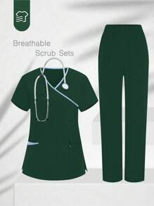 TaskEZ V-Neck Trim Short Sleeve Pocket Top And Pants Scrub Uniform Set - Dark Green - View 1