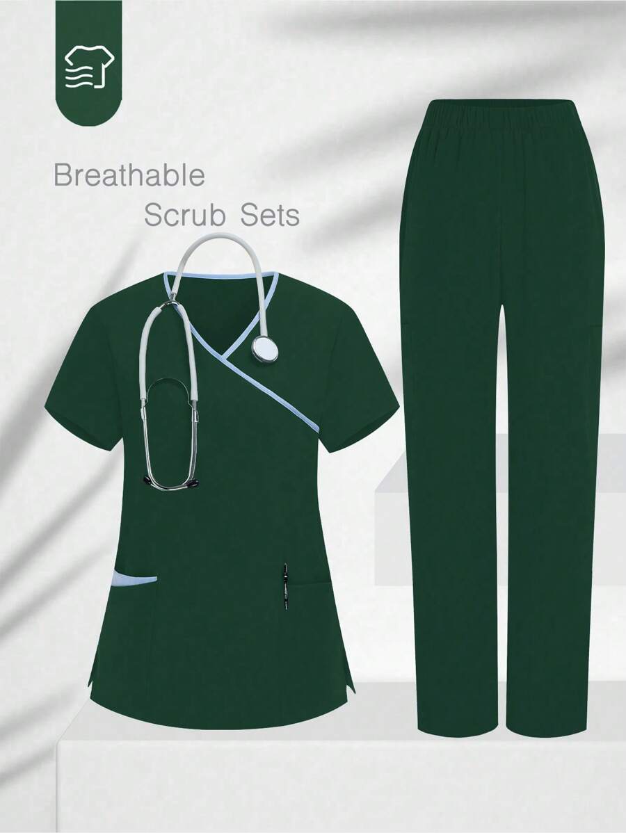 TaskEZ V-Neck Trim Short Sleeve Pocket Top And Pants Scrub Uniform Set - Dark Green - View 1