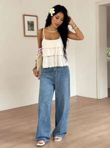 SHEIN EZwear Women's Summer Vacation Multi-Layered Ruffle Camisole - Beige - View 3