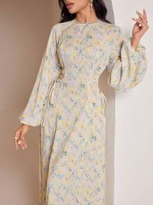 Veilorie 女式优雅花卉印花交叉系带侧灯笼袖连衣裙 - 彩色 - 查看 4