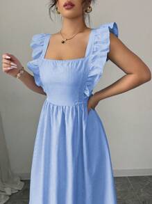 Rafferiza 女式条纹印花方领荷叶边下摆休闲连衣裙 - Blue Power - 查看 4