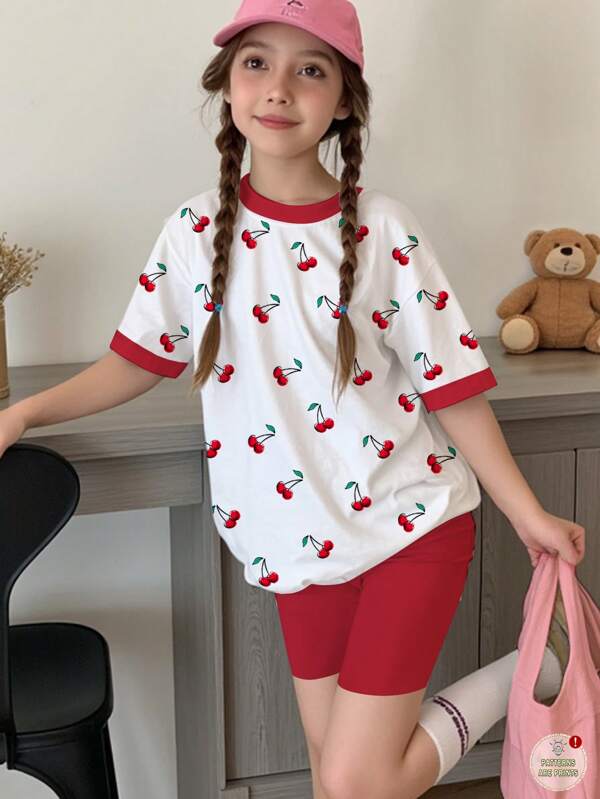 SHEIN Set de 2 piezas con camiseta de manga corta y pantalones cortos con estampado de cerezas en rojo, de estilo minimalista informal, adecuado para niñas preadolescentes en verano