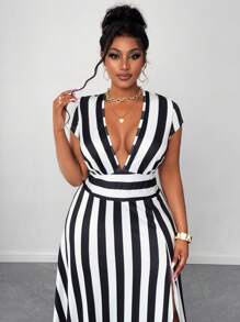 Maweii Plus Size Summer Fashion Color Block Striped High Slit Dress - Multicolor - View 7
