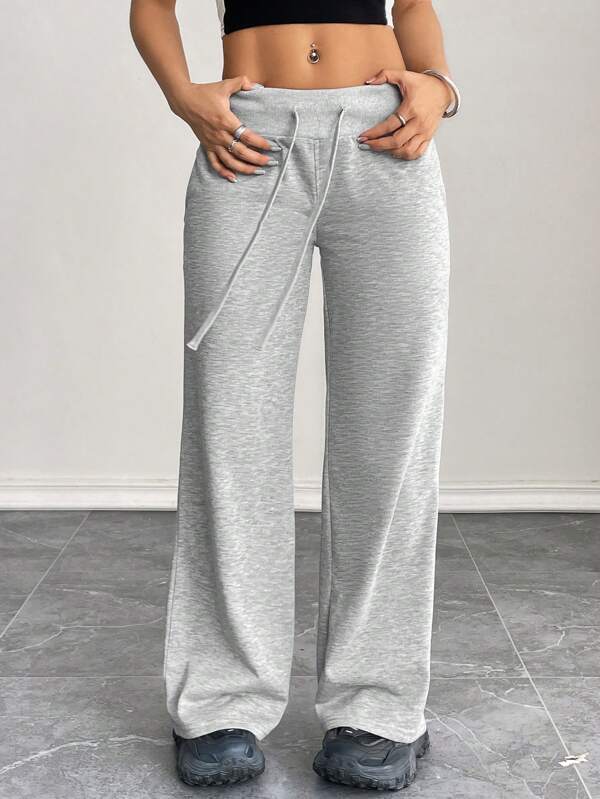 SHEIN PETITE Pantaloni de trening pentru femei, confortabili și casual, tricotați uni, cu talie joasă, cu picioare largi