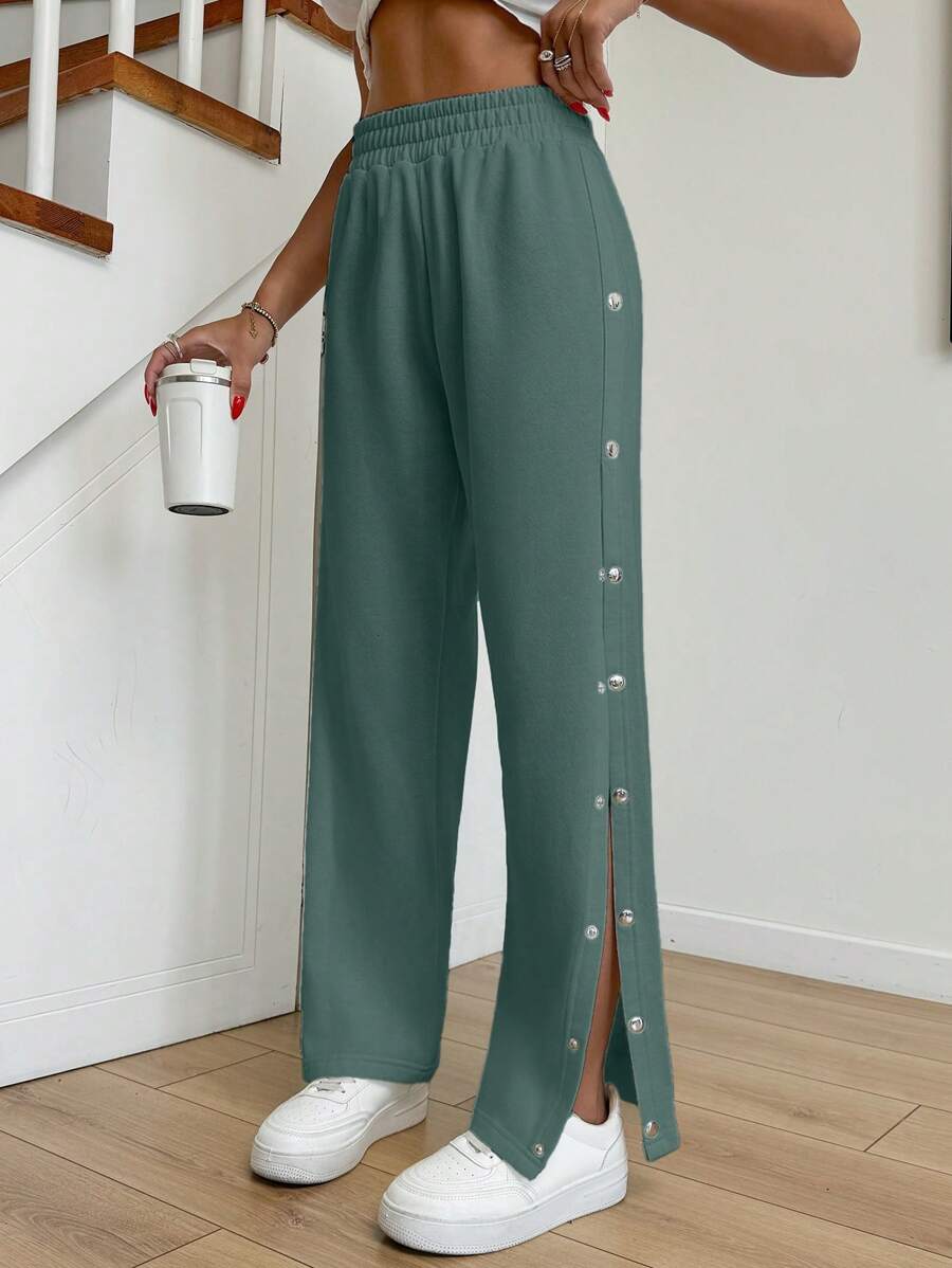 EURMUSE Cotton Wide Leg Side Detailed Sweatpant - Mint Green - View 1