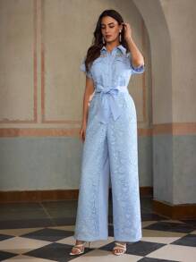 ZEYLAH Spring And Summer Holiday Lace Patchwork Short Sleeve Utility Pocket Shirt Collar Jumpsuit - Baby Blue - View 4