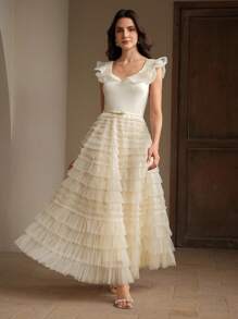 Anewsta Ladies Elegant Ruffle V-Neck Cap Sleeve Patchwork Cake Dress - Yellow - View 1