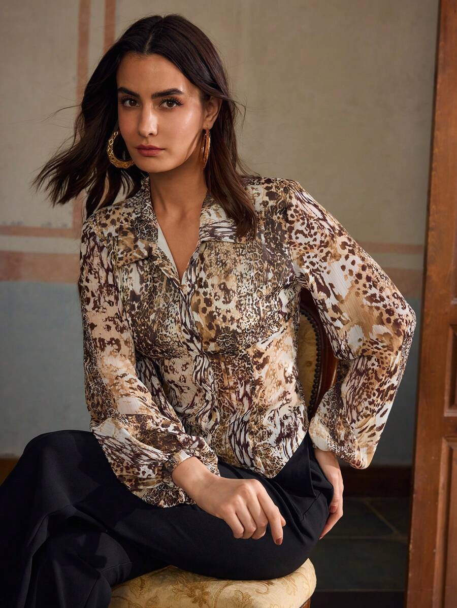 ZEYLAH 女式长袖单排扣豹纹系带衬衫