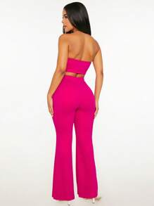 SHEIN SXY 2pcs/Set Women Ruched Strapless Red & Pink Pleated Decor Tube Top And Flared Pants Valentine Outfit - Hot Pink - View 2