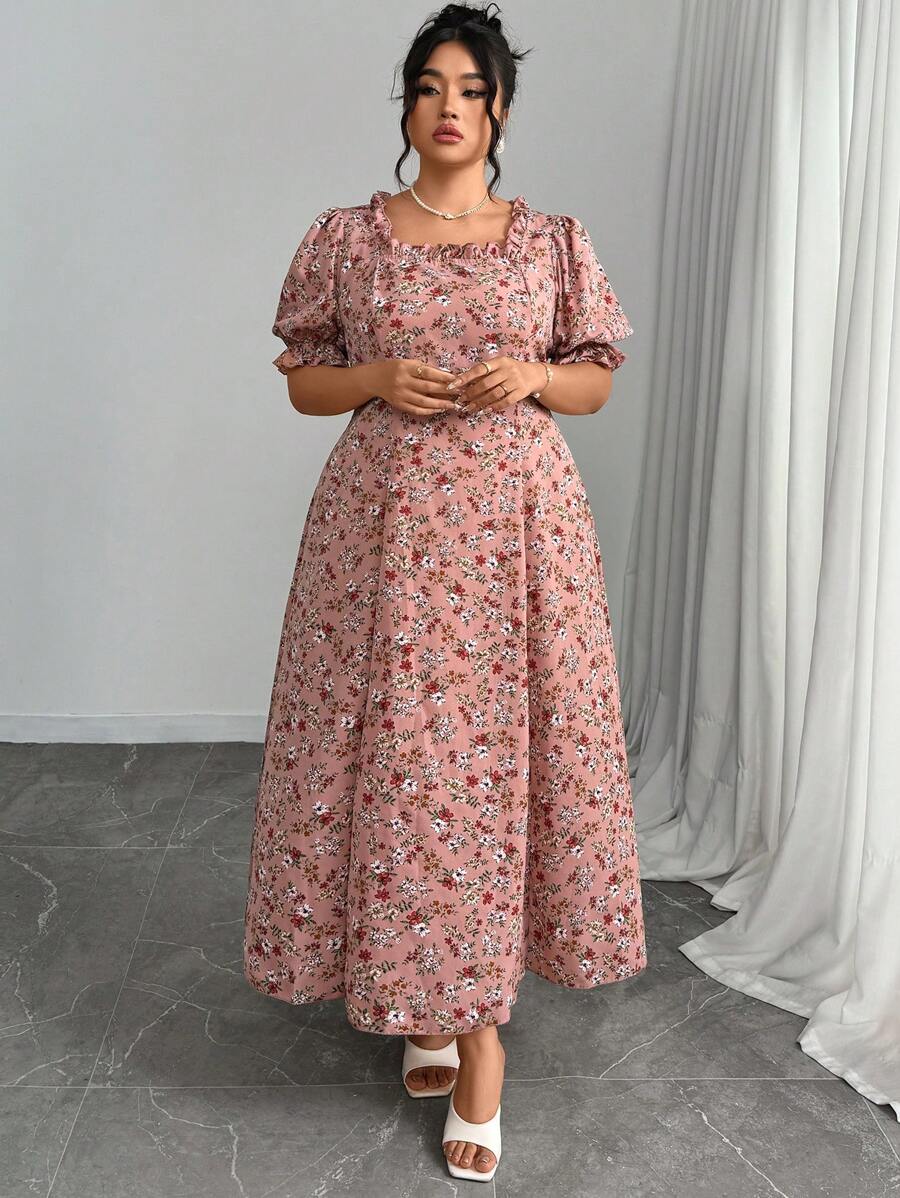 Modelyn Vestido evasé con cuello cuadrado y estampado de flores diminutas para tallas grandes - Multicolor - Ver 1