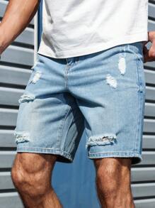 Manfinity Homme Men's Loose Casual Ripped Pocket Denim Shorts, Versatile  Blue Short Jeans Ripped Jean Shorts Men