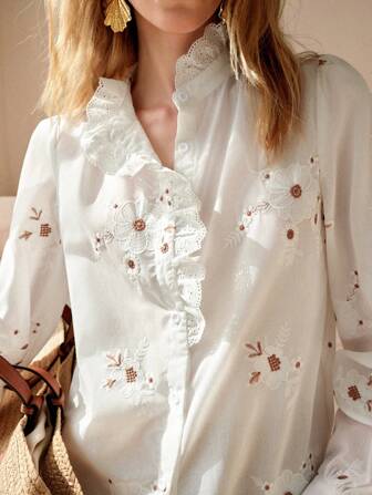 Écloséra 女式休闲度假法式复古花卉图案荷叶边领口开衩袖口长袖衬衫