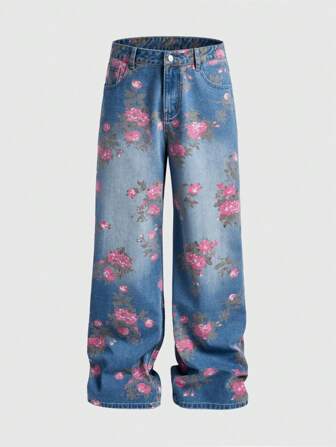 Street Life Men's Floral Pattern Pocket Loose Wide-Leg Casual Jeans