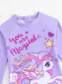 SHEIN Traje de baño de manga larga y pantalones con diseño de unicornio y arcoíris para niñas/bebés, ideal para parques acuáticos y diversión en el agua - Multicolor - Ver 5