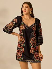 CAJUNI 女式热带花卉印花黑色灯笼袖短款休闲连衣裙 - 黑色 - 查看 3