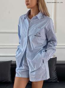 HELLO KITTY | DAZY 极简主义字母与卡通图案印花宽松条纹衬衫款式上衣搭配短裤女式睡衣套装 - 藍白色 - 查看 4