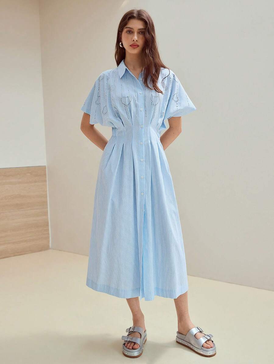 MOTF STUDIO 条纹印花水钻细节连衣裙 - 藍白色 - 查看 1