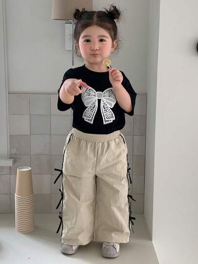 Hapijoa 女婴休闲宽松喇叭裤，饰有蝴蝶结，夏季幼儿女童服装
