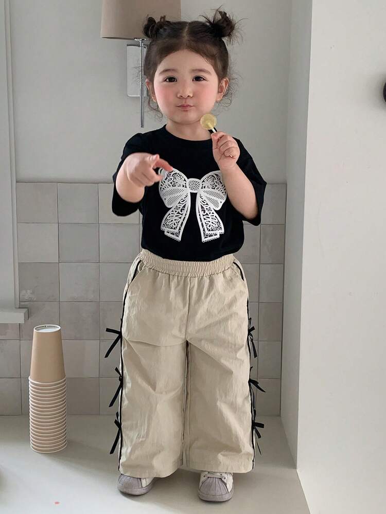 Baby Girls' Casual Loose Fit Flared Pants With Bow Decor, Summer Toddler Girls Clothes
