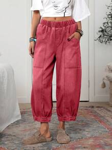 EMERY ROSE 女士休闲纯色松紧腰口袋牛仔裤，适合日常穿着 - 紅色 - 查看 3
