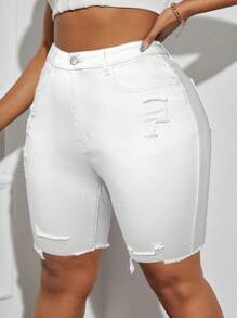SHEIN SXY Plus Size Distressed Fashionable Versatile Denim Shorts - White - View 6